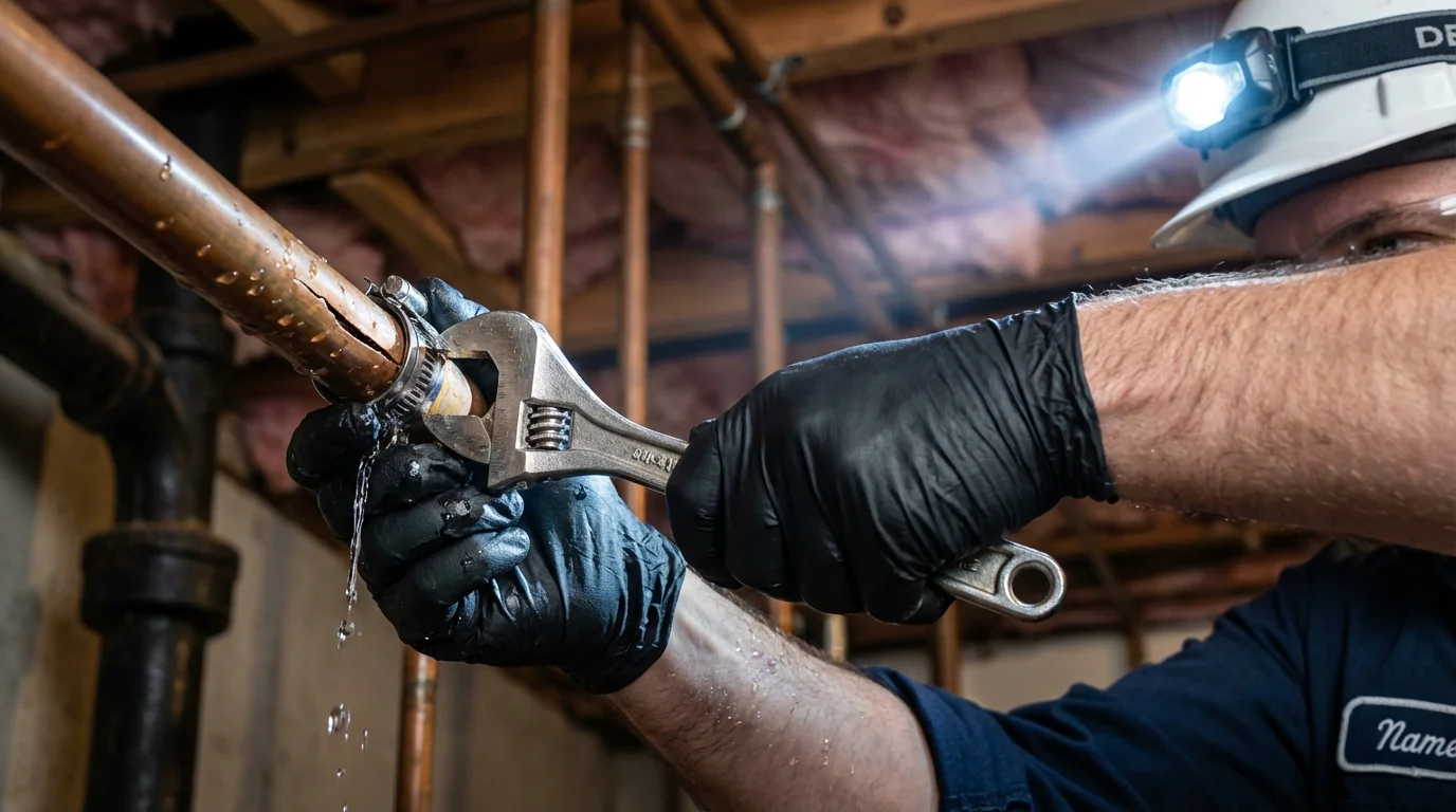 Emergency pipe clamp repair being performed by a Johns Plumbing LLC plumber in Florida