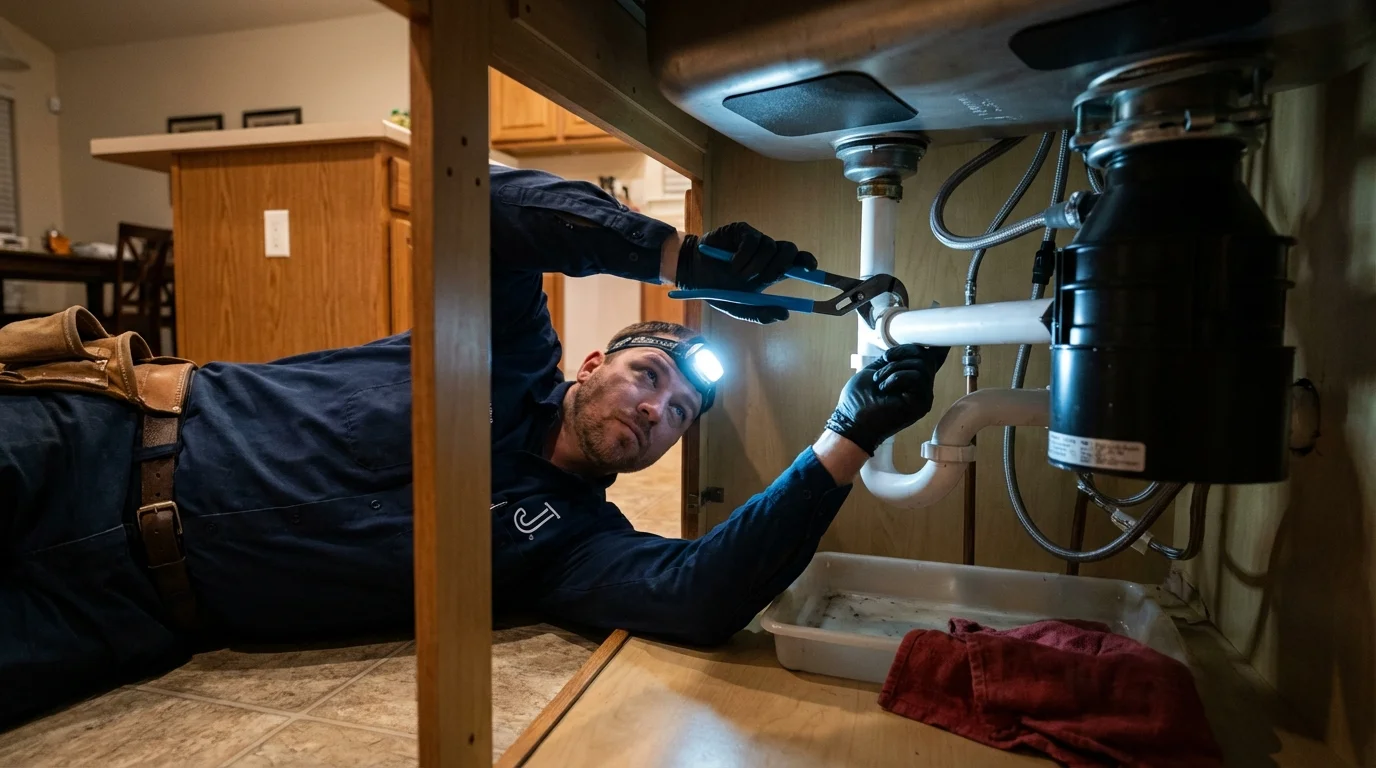 P-trap and supply line connections under a kitchen sink showing a common leak point in Florida, PR